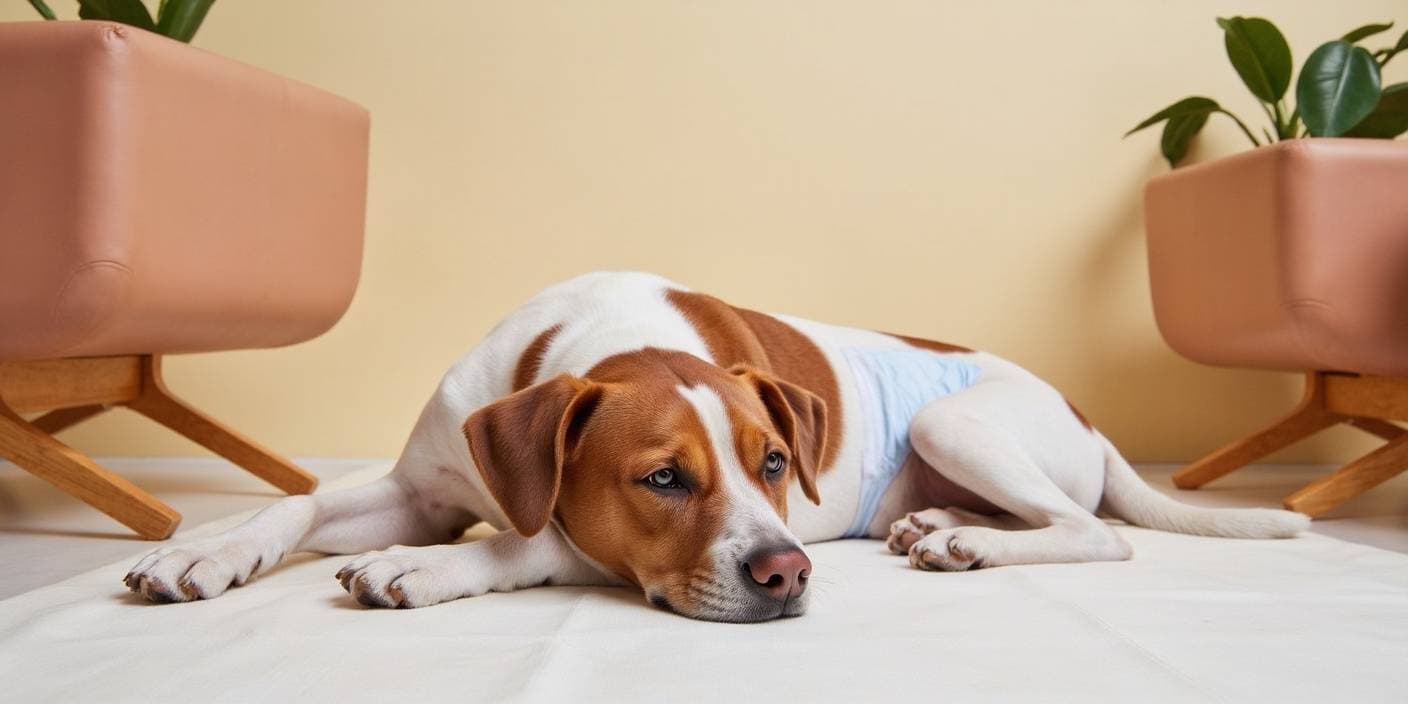 Chienne en chaleur portant une culotte hygiénique, reposant dans un intérieur calme